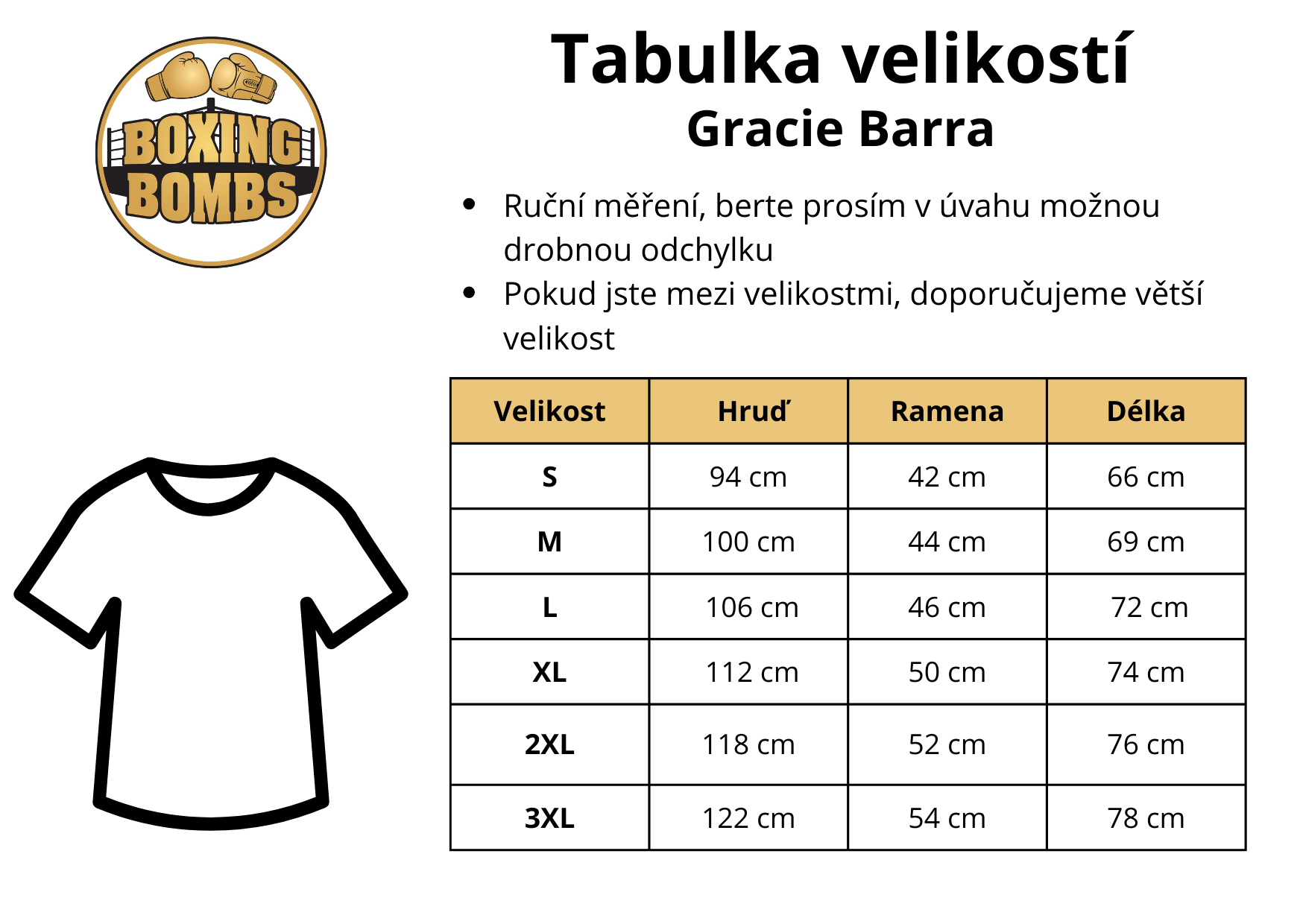 tabulky velikostí Gracie Barra Triko